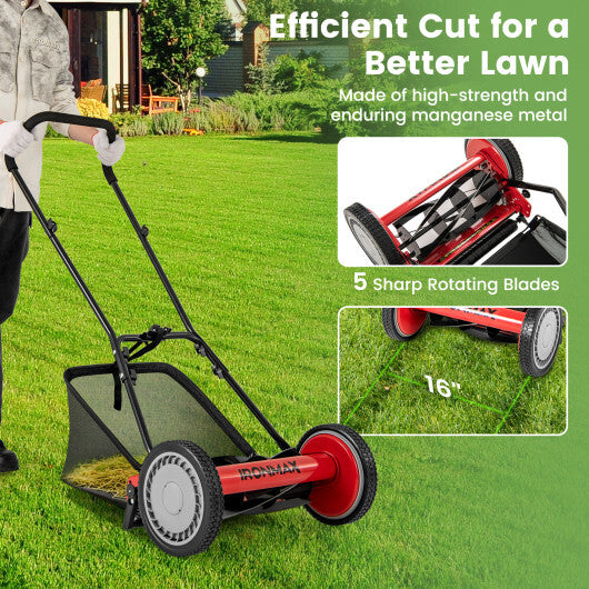 16 Inch Push Lawn Mower with 5 Steel Blades and Grass Catcher Bag-Green
