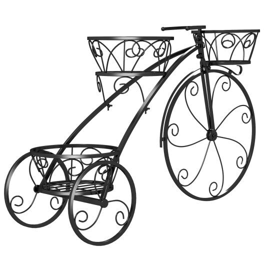 Tricycle Plant Stand Flower Pot Cart Holder with 3 Hollowed Baskets-Bronze