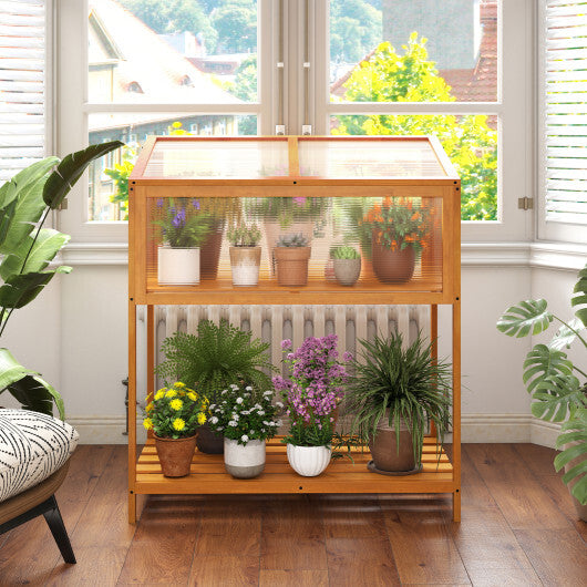 Wood Cold Frame Greenhouse with Transparent Openable Roof and Slatted Storage Shelf-Orange