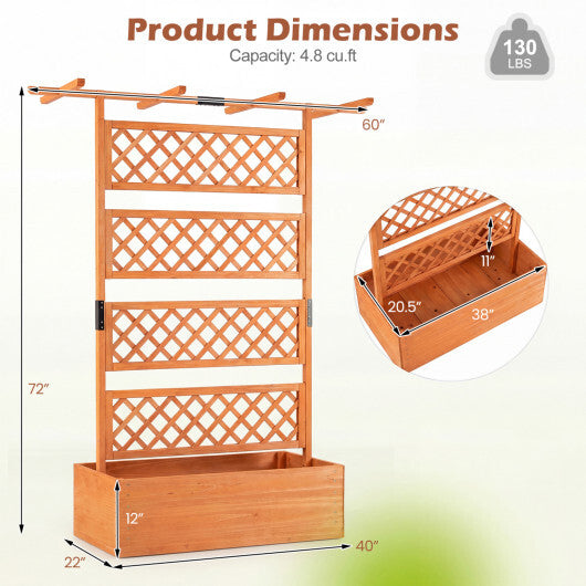 Wooden Planter Box with Lattice Trellis Raised Garden Bed Privacy Screen with Flat Roof-Brown