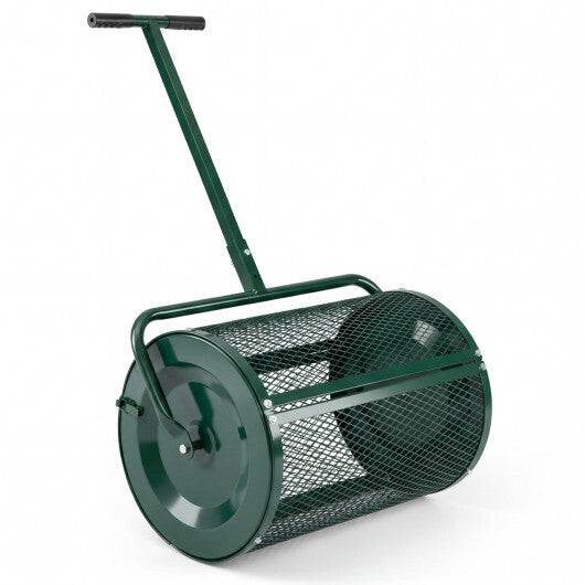 Compost Spreader 24 Inch Peat Moss Spreader Roller with Height-adjustable T-shape Handle-Green
