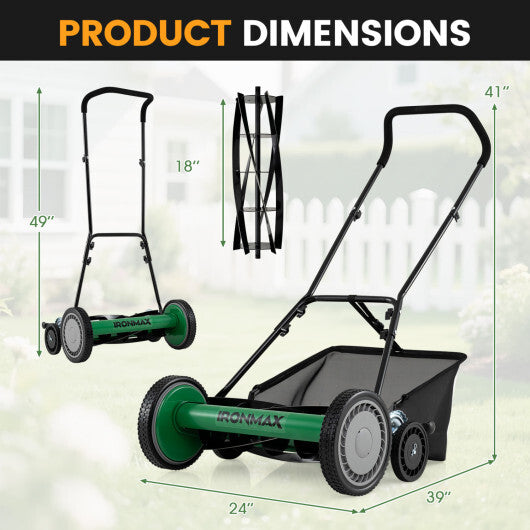 18 Inch Push Reel Lawn Mower 4-Position Adjustable with Removable Grass Catcher-Green