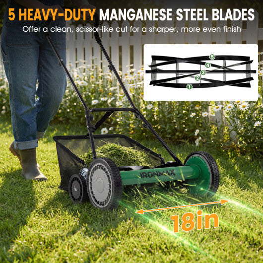 18 Inch Push Reel Lawn Mower 4-Position Adjustable with Removable Grass Catcher-Green