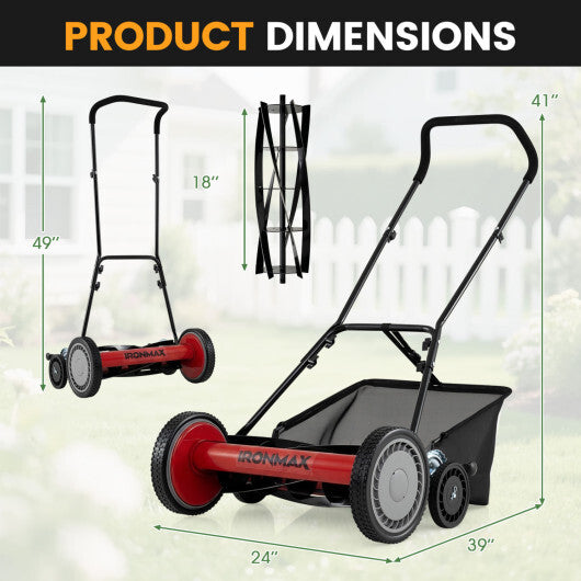 18 Inch Push Reel Lawn Mower 4-Position Adjustable with Removable Grass Catcher-Green