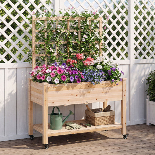 Wooden Mobile Raised Garden Bed on Wheels with Trellis-Natural