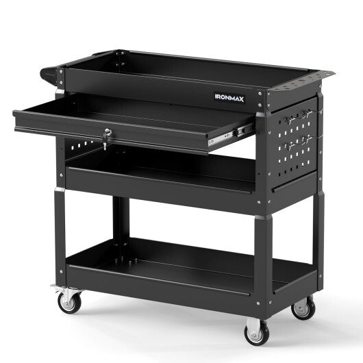 3 Tier Rolling Tool Cart with Lockable Drawer for Garage and Workshop-Black
