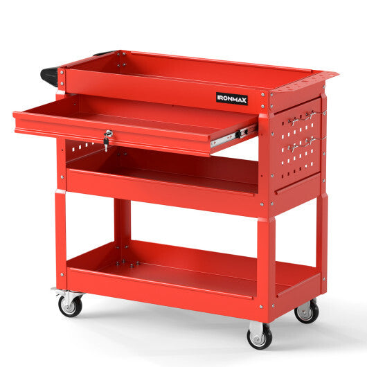 3 Tier Rolling Tool Cart with Lockable Drawer for Garage and Workshop-Black