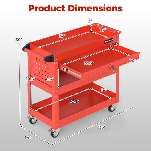 3 Tier Rolling Tool Cart with Lockable Drawer for Garage and Workshop-Black