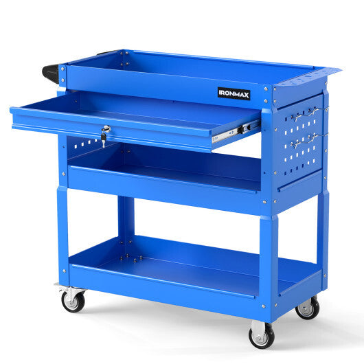 3 Tier Rolling Tool Cart with Lockable Drawer for Garage and Workshop-Black