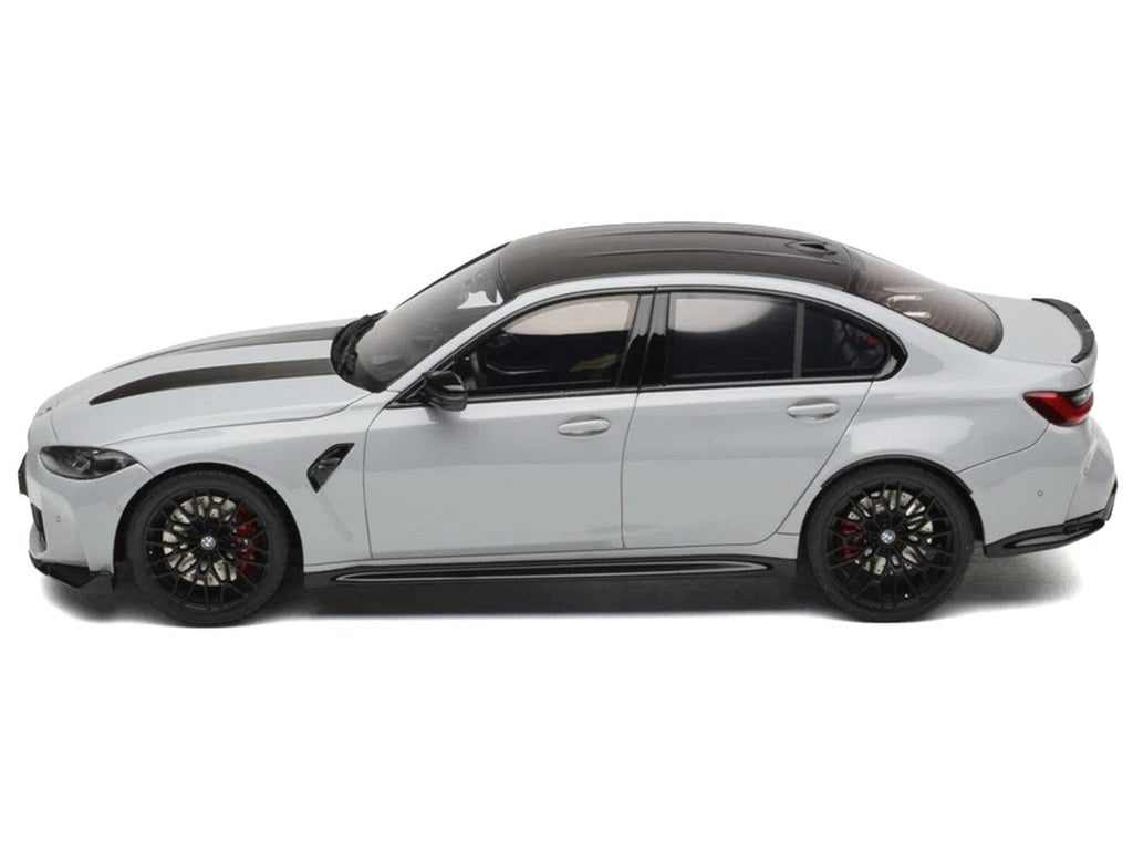 2024 BMW M3 CS M Brooklyn Gray Metallic with Black Top and Hood Stripes 1/18 Model Car by GT Spirit