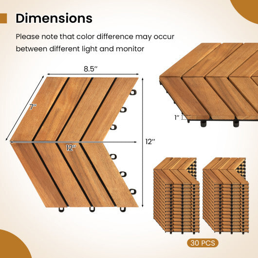 12 x 12 Inch 30 Pieces Acacia Wood Interlocking Deck Tiles- Natural