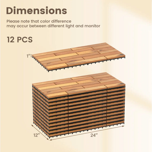 24 x 12 Inch 12 Pieces Acacia Wood Interlocking Deck Tiles with Waterproof Design-Natural