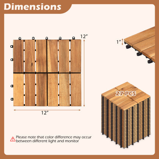 12 x 12 Inch 27 Pieces Acacia Wood Interlocking Deck Tiles-Natural