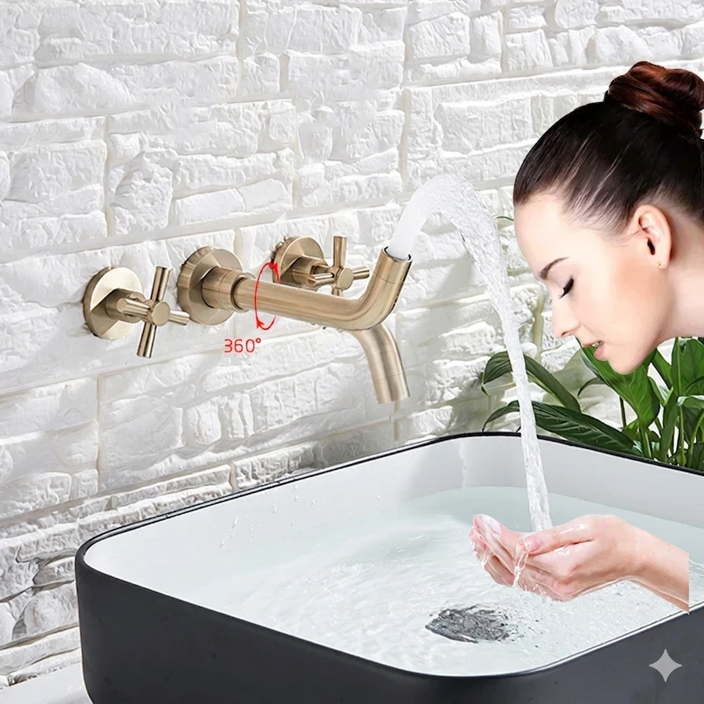 DecorBites™ Golden Dual Handle Wall Mounted Basin Faucet