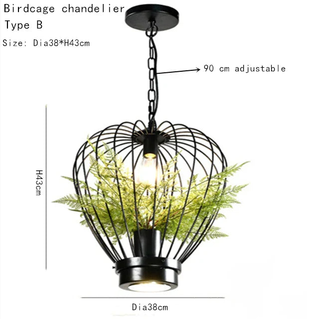 DecorBites™ Green Planting Birdcage Chandelier: Retro Industrial Style Pendant Lamp