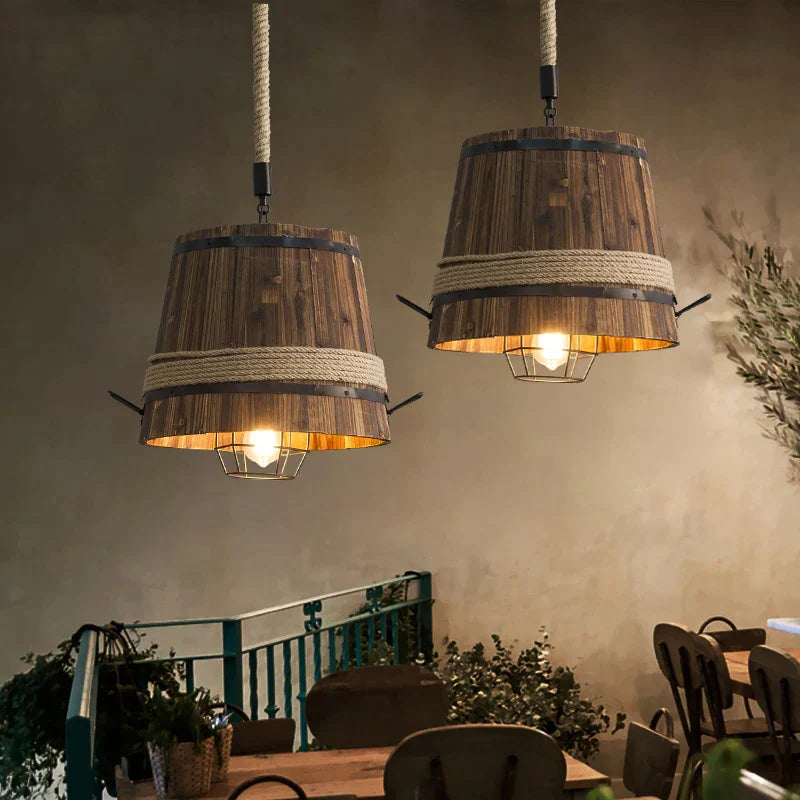 DecorBites™ Barrel Industrial Chandelier for Dining Room Cafe Restaurant, Adjustable Wood Light Fixture