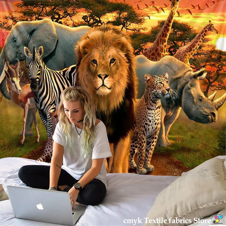 DecorBites™ Lion Tapestry African Grassland Animals Cartoon Wall Hanging Blanket