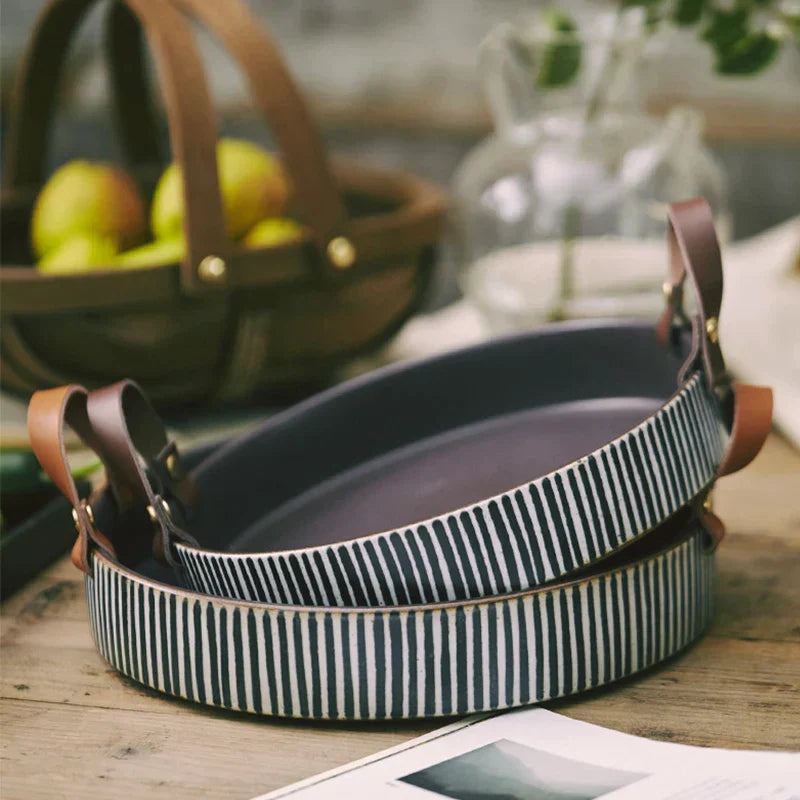 DecorBites™ Handmade Porcelain Bowl with Leather Handle - Round Sallow Salad Plate