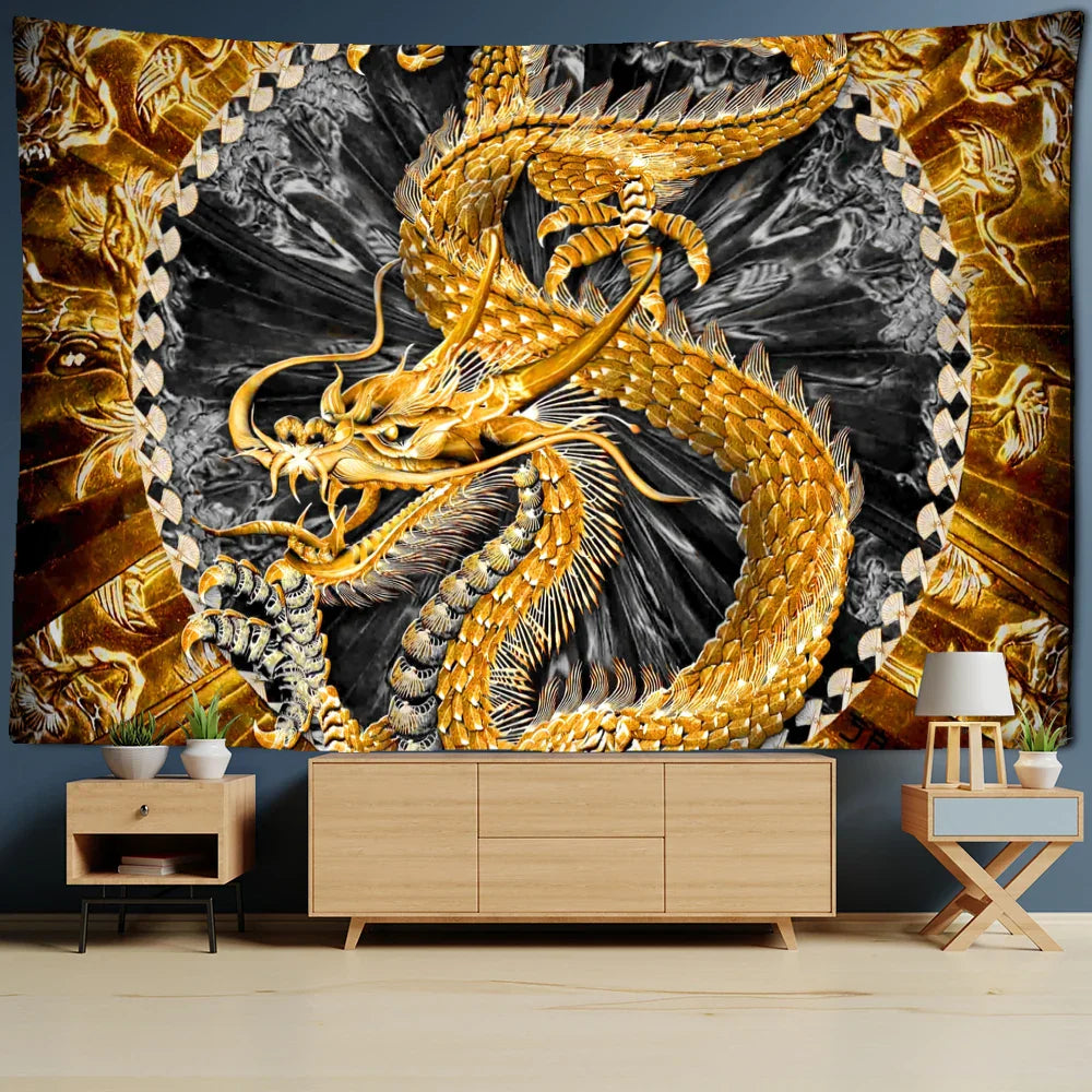 DecorBites™ Golden Loong Dragon Totem Tapestry, Cartoon Castle Wall Hanging & Home Decor Art