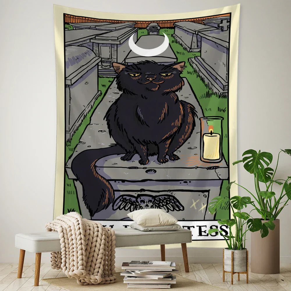 DecorBites™ Black Cat Tarot Tapestry: Psychedelic Hippie Wall Hanging Room Decor
