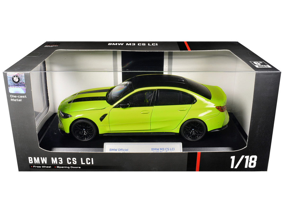 BMW M3 CS LCI Lime Green Metallic with Matt Black Top and Hood Stripes 1/18 Diecast Model Car by Heimanba