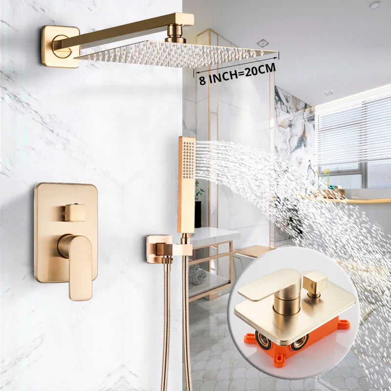 DecorBites™ Golden 8" Rainfall Shower Faucet Set with Handshower - Wall Mounted Luxury Mixer Tap