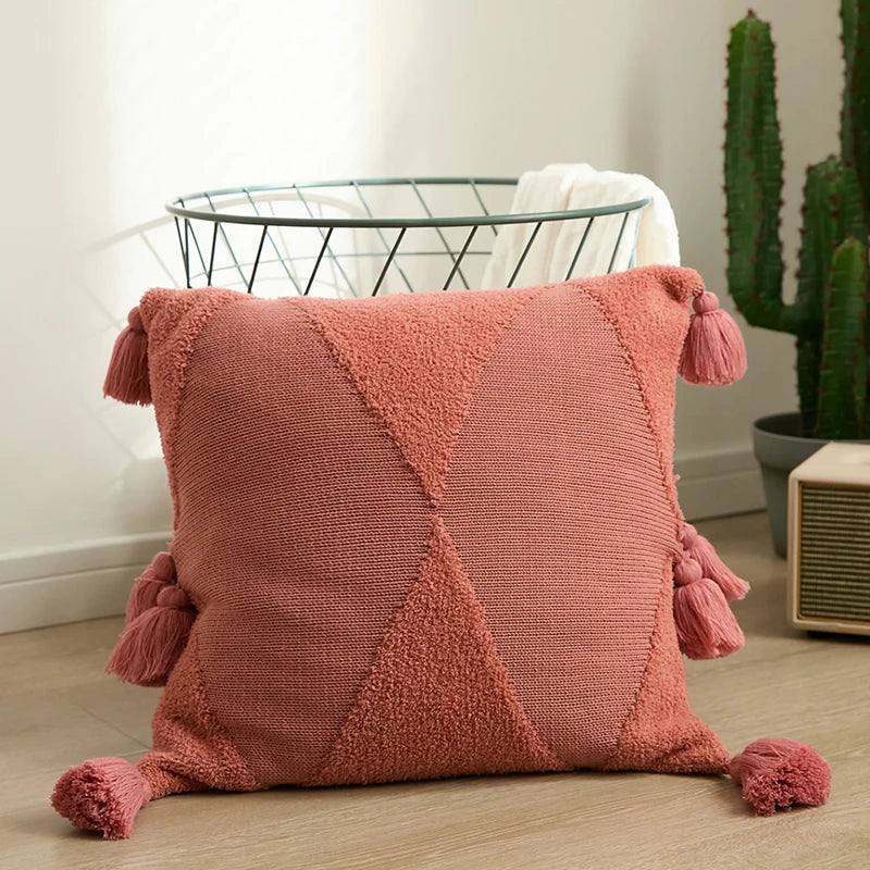 DecorBites™ Knitted Tassel Cushion Cover Blue Mustard Yellow Ivory 45cm*45cm Sok Case