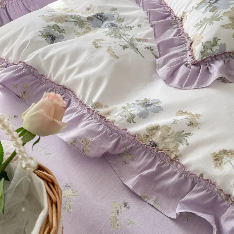 DecorBites™ Gardenia Print Princess Bedding Set with Ruffles and Pillowcases