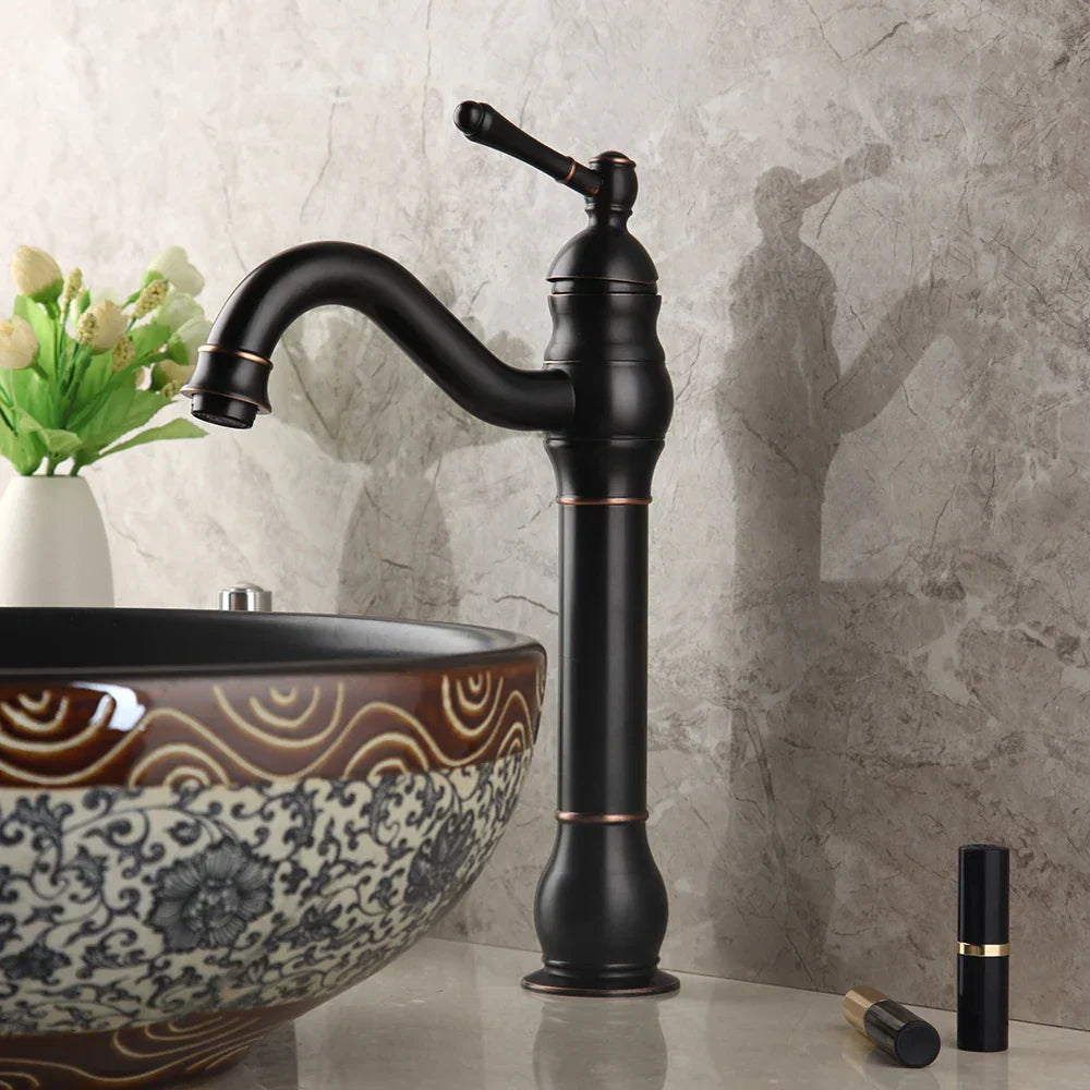 DecorBites™ Black Ceramics Sink with Hand-Painted Waterfall Design and Brass Faucet