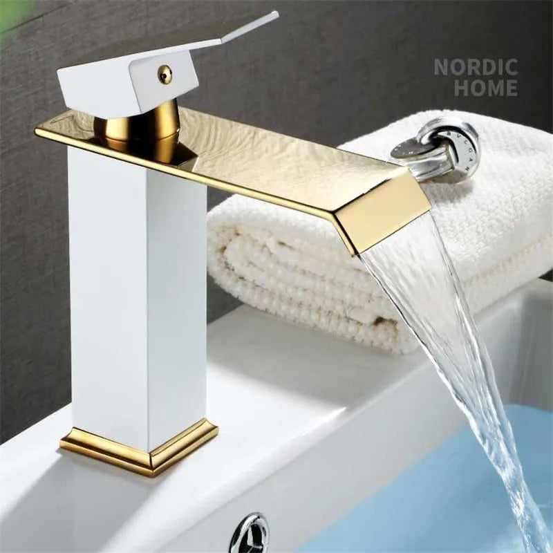 DecorBites™ Gold Black Waterfall Basin Faucet Mixer Tap Hot Cold Sink Brass Bathroom