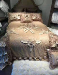 DecorBites™ Jacquard Rose Lace Bedding Set, Luxurious European Style, Red & Champagne