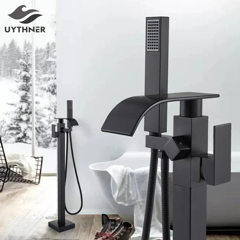 DecorBites™ Black Floor Mounted Bathtub Faucet Set with Waterfall Mixer Tap