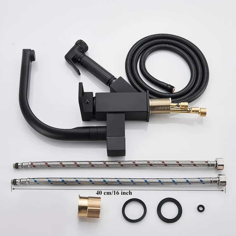 DecorBites™ Dual Spout Black Kitchen Faucet with Pull Out Spray Mixer