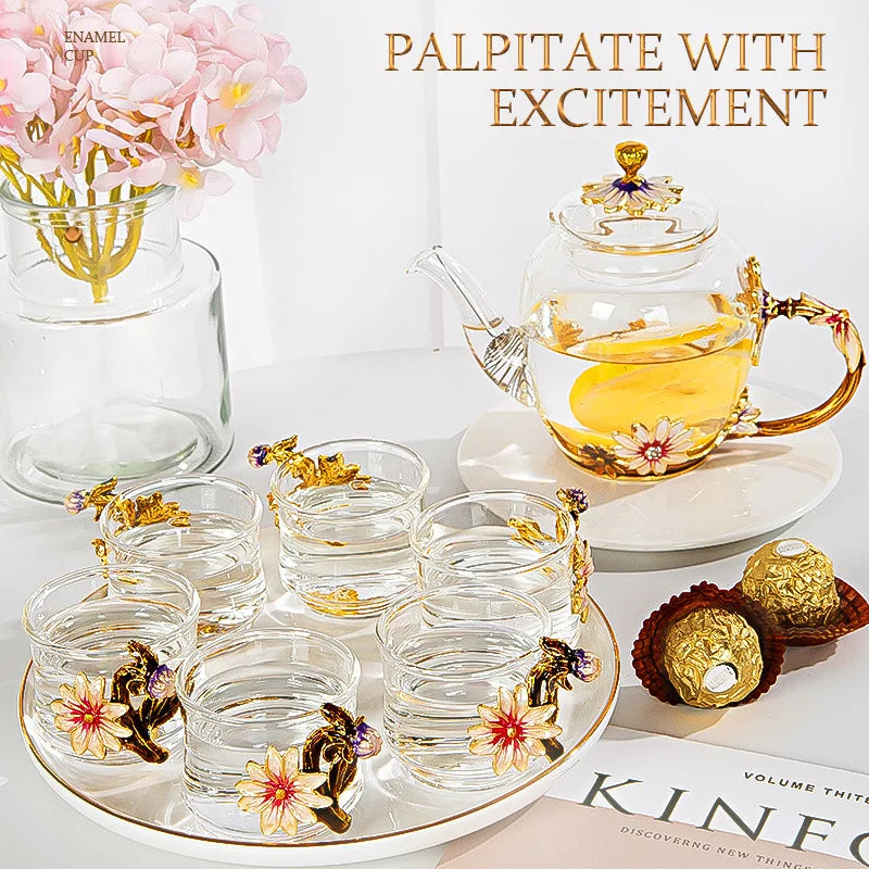 DecorBites™ Daisy Enamel Crystal Glass Teapot Set for Hot and Cold Drinks