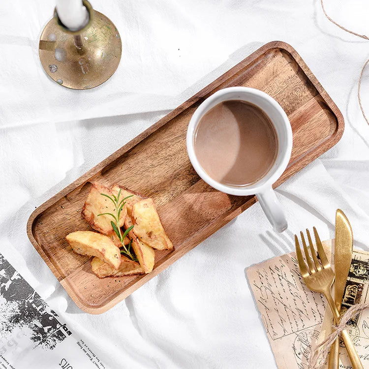 DecorBites™ Acacia Wood Breakfast Tray - Rectangular Fruit Plate with Wooden Cutlery