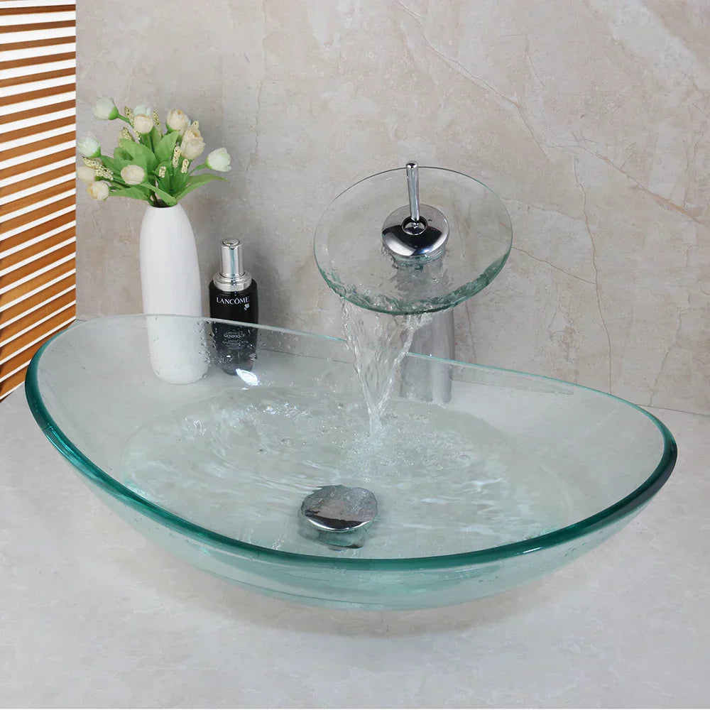 DecorBites™ Glass Waterfall Tap Hand-Painted Basin Mixer Faucet Chrome Lavatory Sink