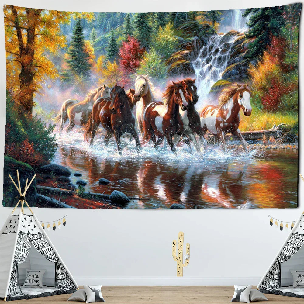 DecorBites™ Galloping Horse Tapestry Wall Hanging Ink Painting Boho Nature Decor