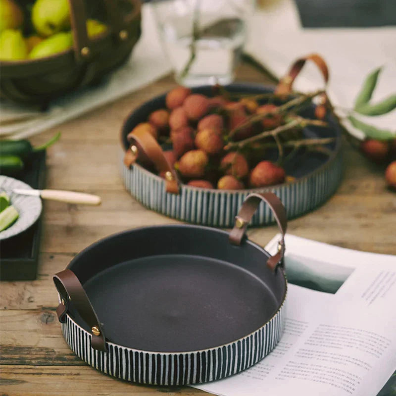 DecorBites™ Handmade Porcelain Bowl with Leather Handle - Round Sallow Salad Plate