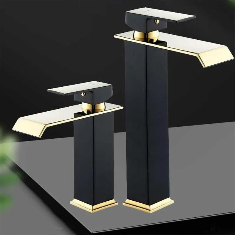 DecorBites™ Gold Black Waterfall Basin Faucet Mixer Tap Hot Cold Sink Brass Bathroom