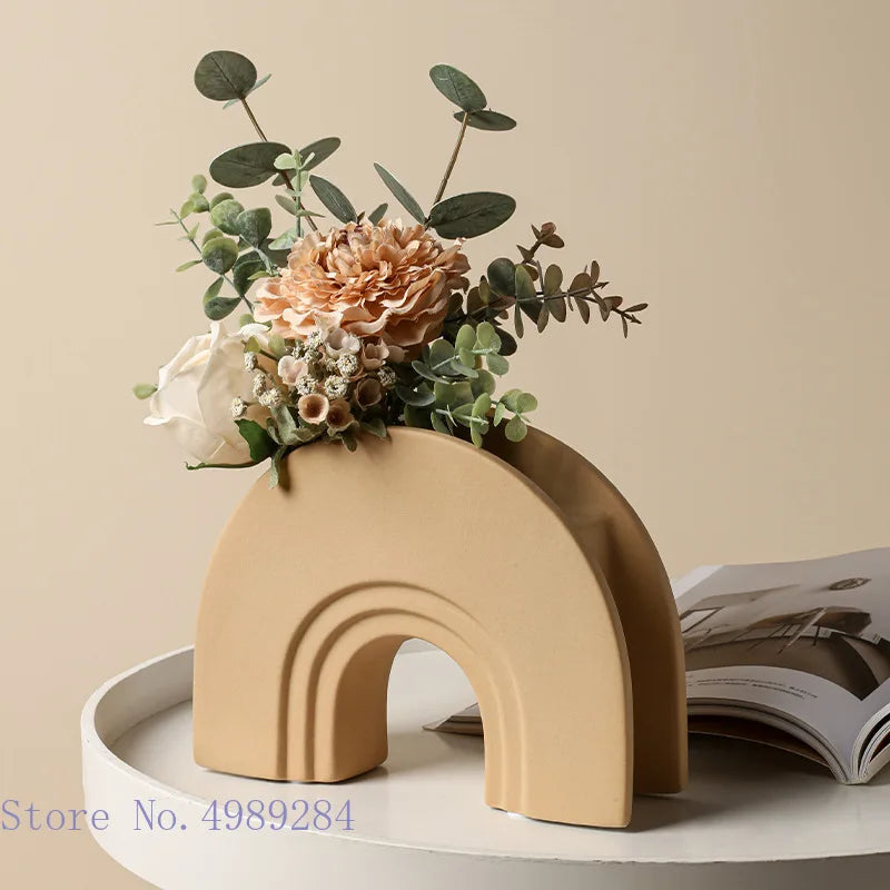 DecorBites™ Geometric Stripes Ceramic Vase for Home Decoration and Flower Arrangement Craft