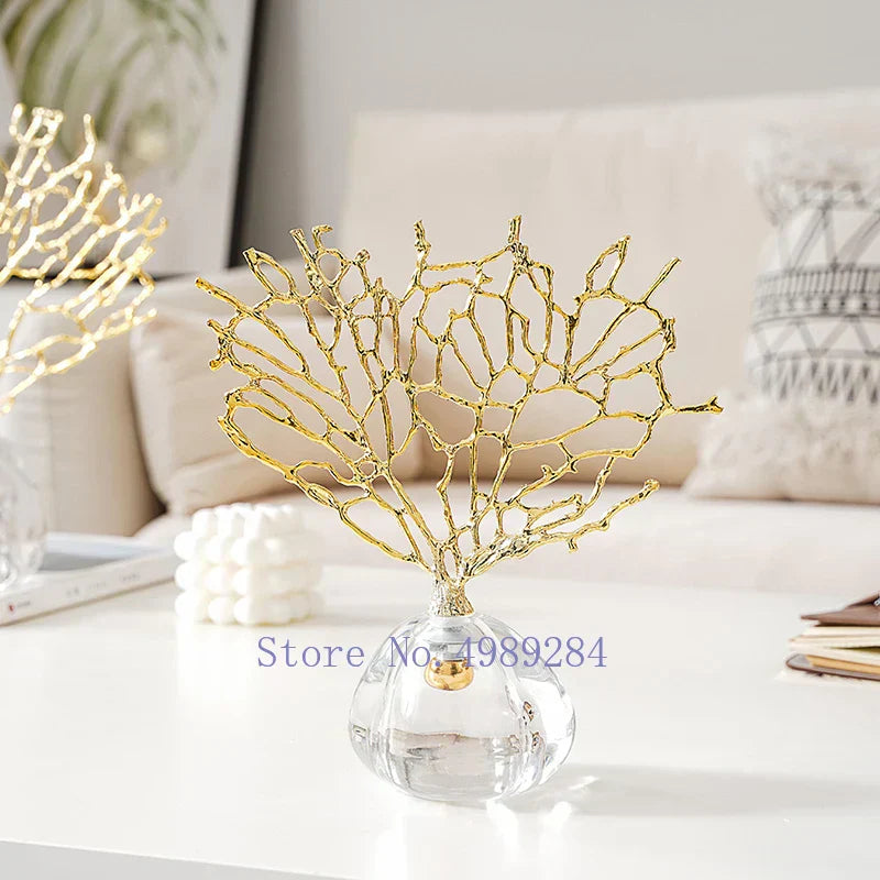 DecorBites™ Crystal Metal Golden Coral Handicraft Home Decor for Modern Living Space