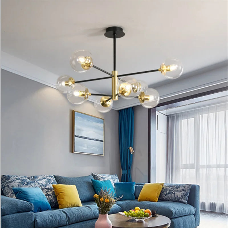 DecorBites™ Glass Ball LED Chandelier: Retro Round Wrought Iron Indoor Lighting for Kitchen, Living Room, Farmhouse