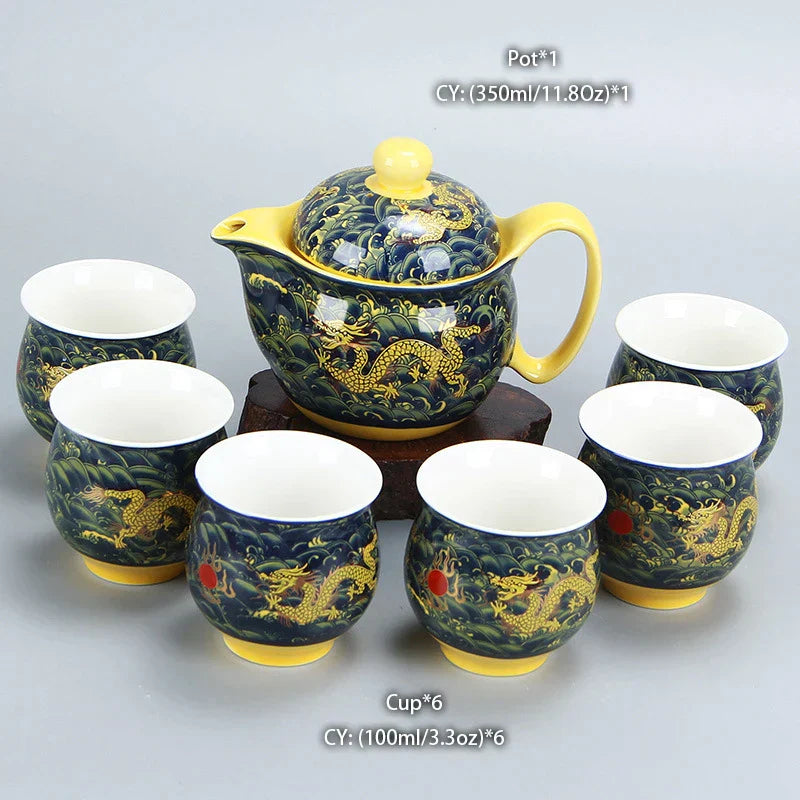 DecorBites™ Dragon Teapot Tea Set, Porcelain Kung Fu Teaware for Puer Oolong Ceremony