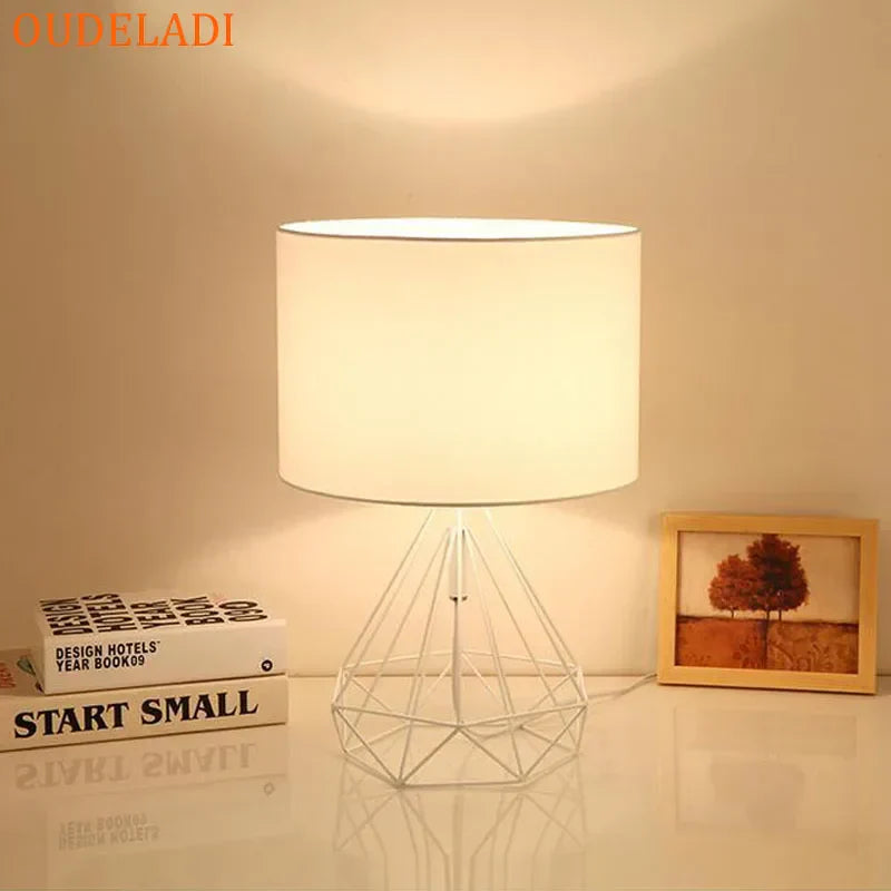 DecorBites™ Geometric Gold Desk Lamp with Hollow Diamond Design and Cloth Shade