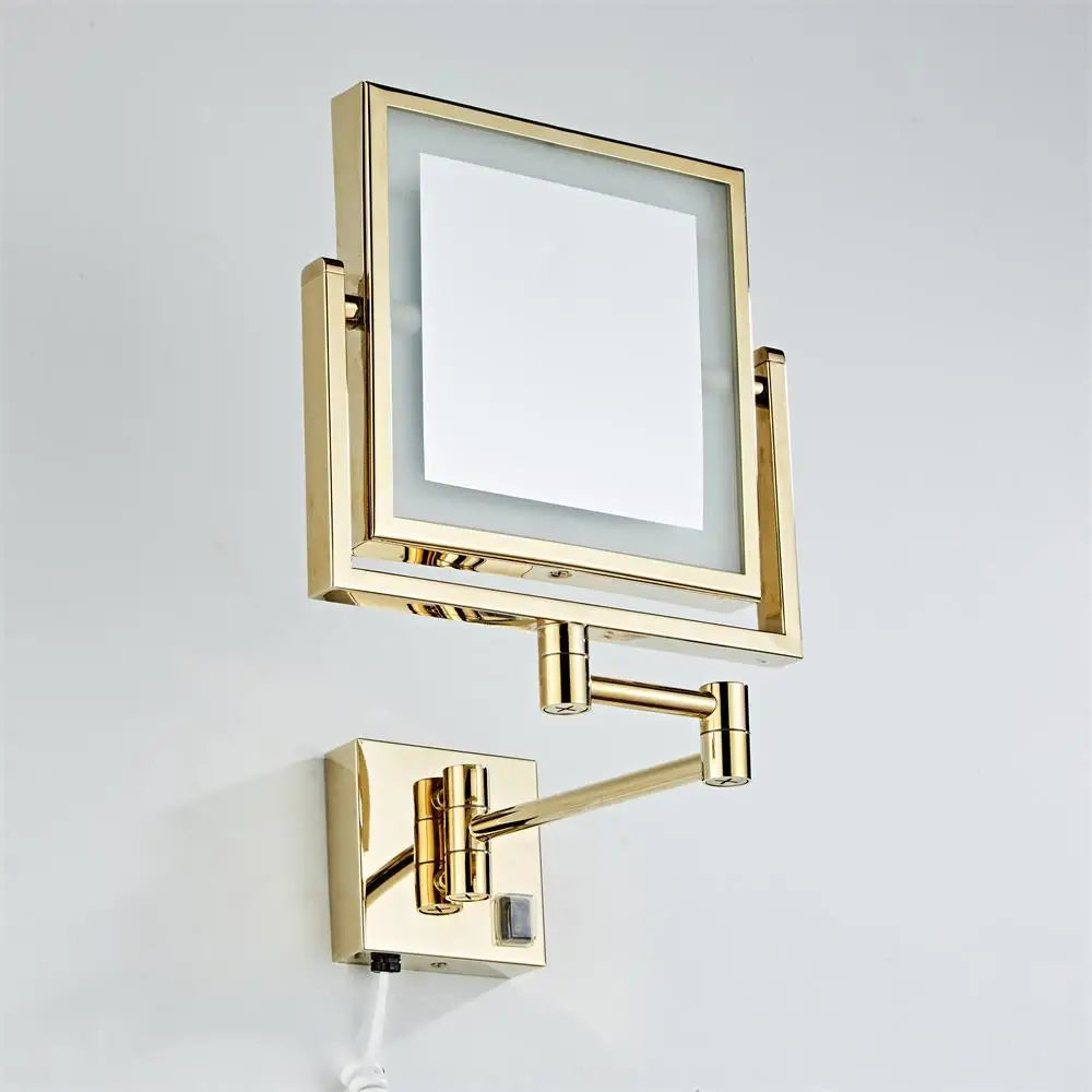 DecorBites™ Gold LED Wall Mounted Makeup Mirror 3X/1X Folding Square Cosmetic Mirror