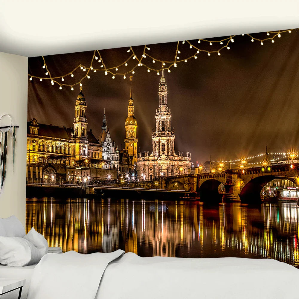DecorBites™ City Night Scene Tapestry with European London Style Wall Hanging