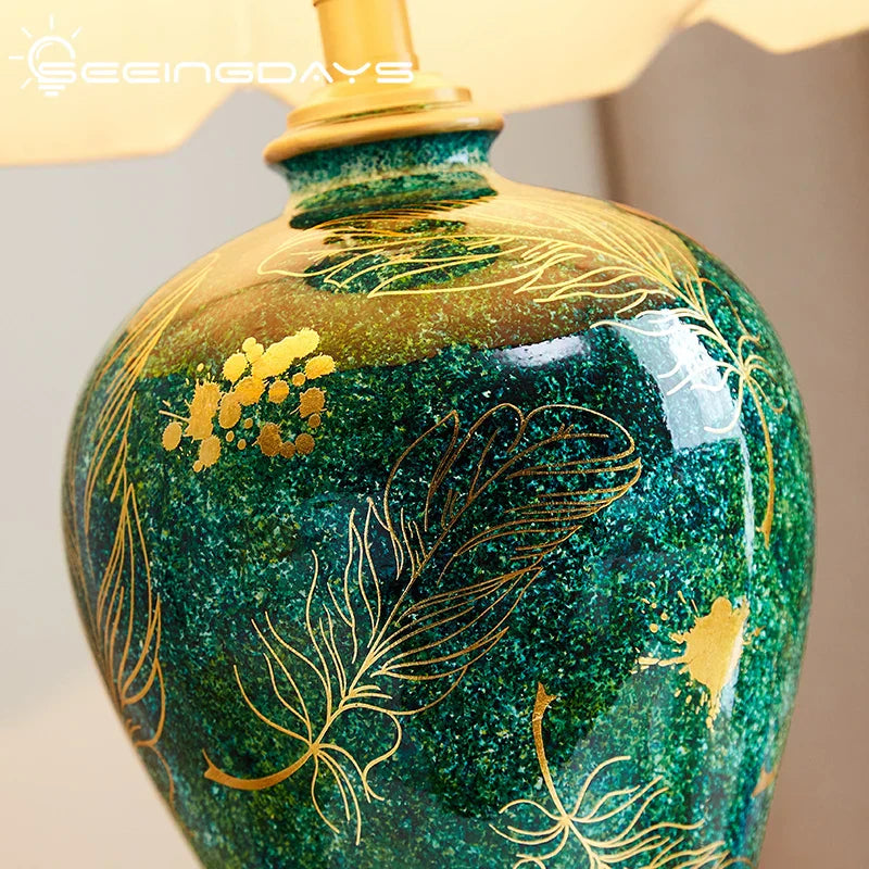 DecorBites™ Golden Leaf Green Ceramic Table Lamp - Luxury New Chinese Style for Living Room