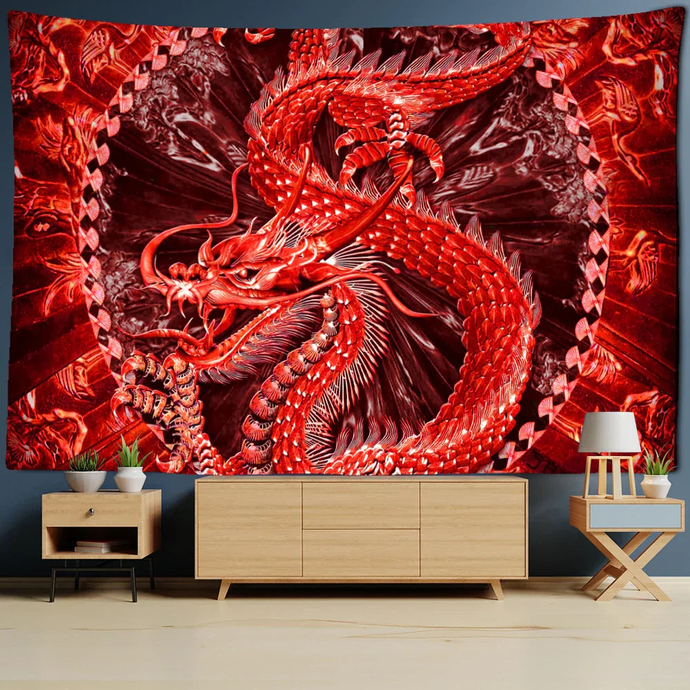 DecorBites™ Golden Loong Dragon Totem Tapestry, Cartoon Castle Wall Hanging & Home Decor Art