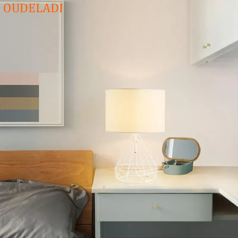 DecorBites™ Geometric Gold Desk Lamp with Hollow Diamond Design and Cloth Shade