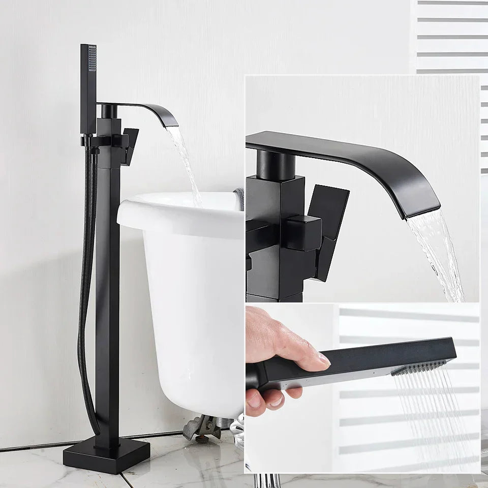 DecorBites™ Black Floor Mounted Bathtub Faucet Set with Waterfall Mixer Tap